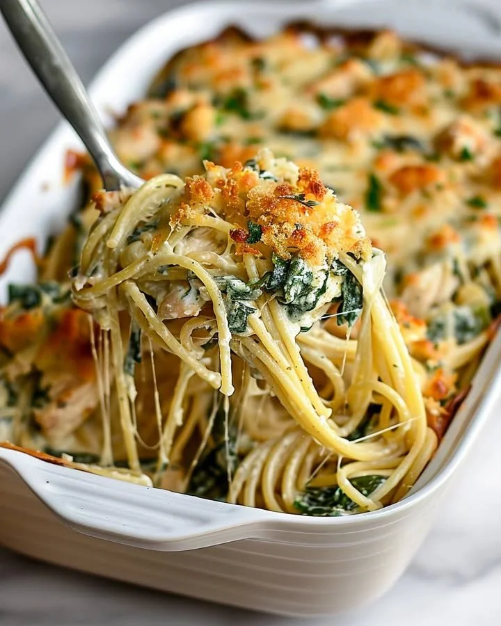 Monterey Chicken Spaghetti Bake ready to serve in a casserole dish
