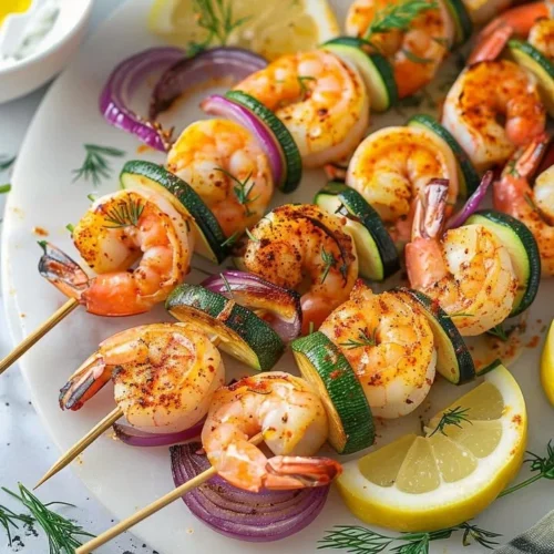 Plate of flavorful oven shrimp skewers ready to serve.
