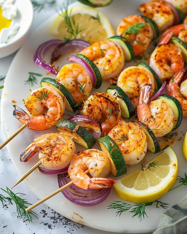 Plate of flavorful oven shrimp skewers ready to serve.