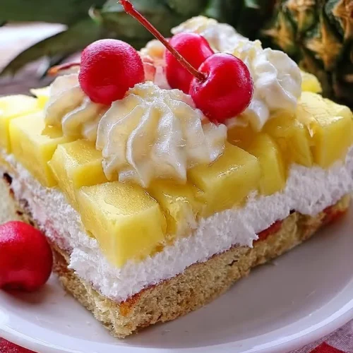 Delicious slice of Pineapple Heaven Cake topped with fresh pineapple and cream.