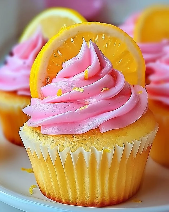 Delicious pink lemonade cupcakes with frosting and lemon slices on top