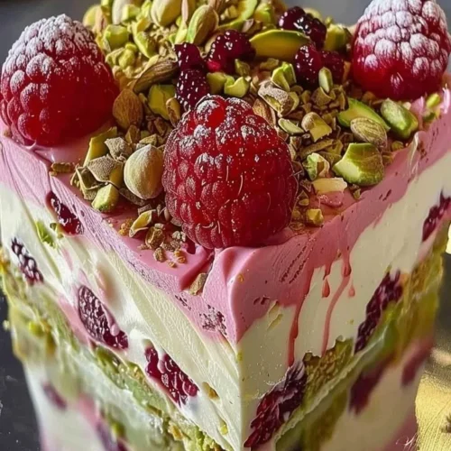 Delicious pistachio raspberry cheesecake topped with fresh raspberries
