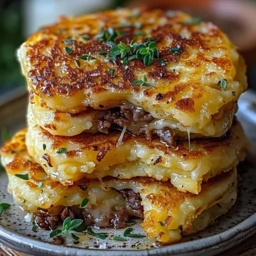 Potato pancakes topped with savory beef and melted cheese