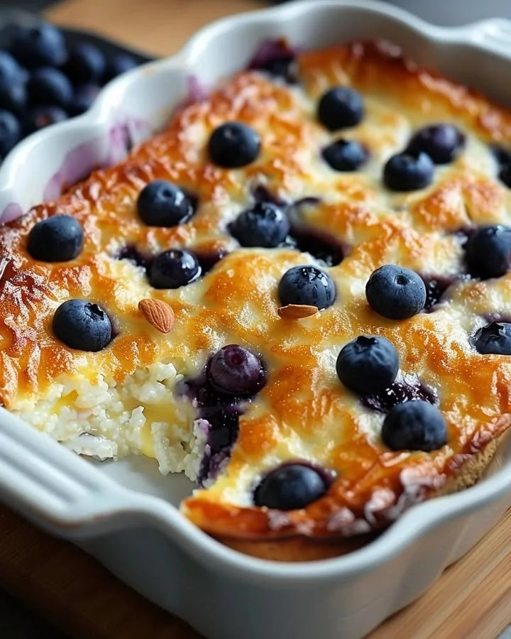 Delicious blueberry cottage cheese bake topped with fresh berries