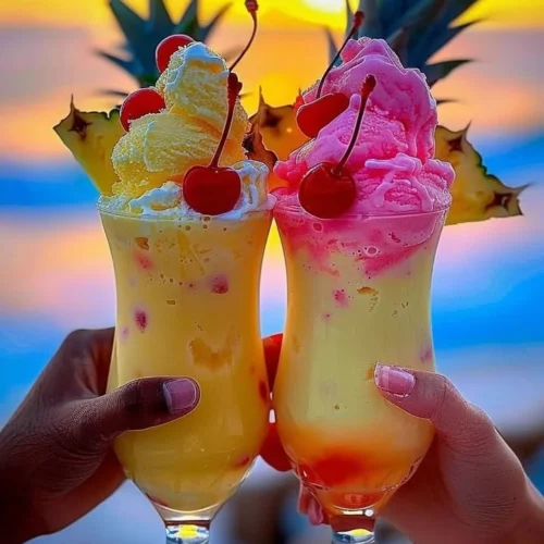 Colorful Rainbow Sherbet Piña Colada in a glass with a tropical garnish