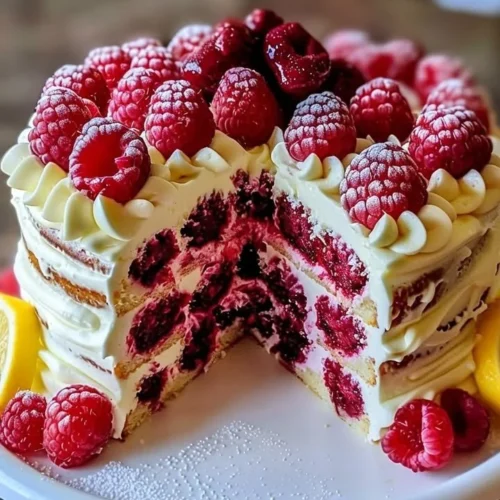 Raspberry Cake topped with creamy Lemon Buttercream frosting on a white plate.