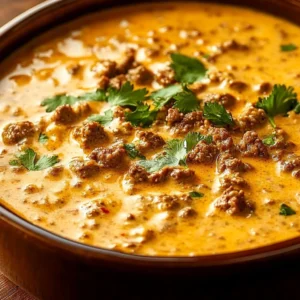 Delicious ground beef cottage cheese queso dip served in a bowl