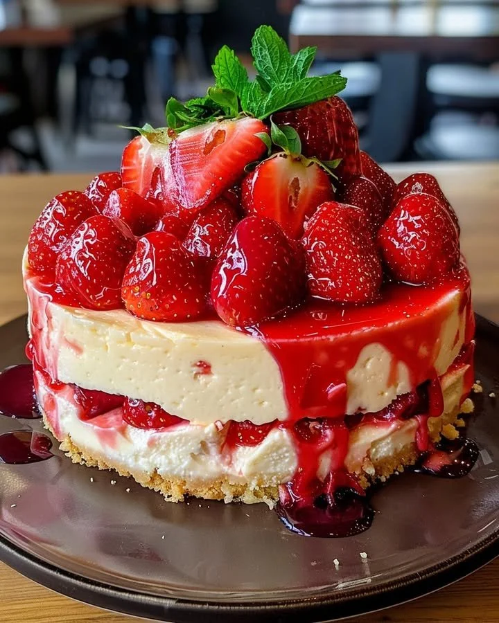 Slice of strawberry cheesecake topped with fresh strawberries