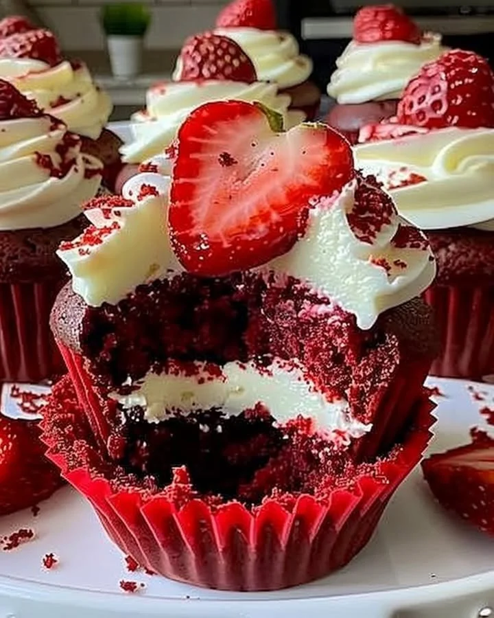 Strawberry cheesecake red velvet cupcakes topped with fresh strawberries and cream cheese frosting