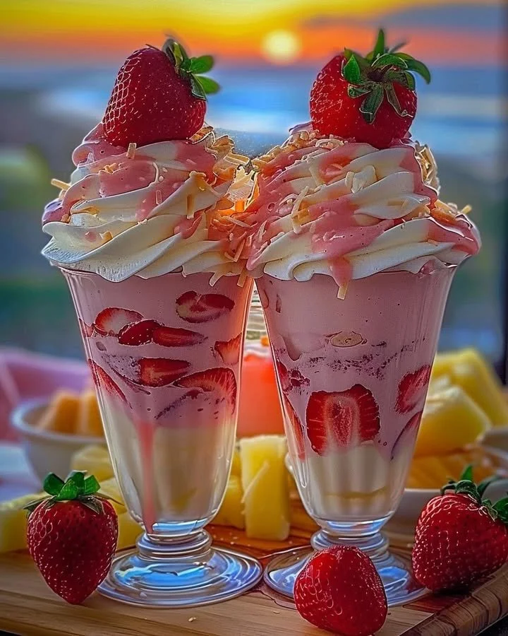 Delicious Strawberry Piña Colada Cake with Malibu frosting on a white plate