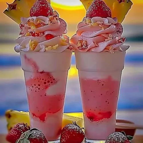 Strawberry Piña Colada topped with creamy Malibu frosting garnished with strawberries