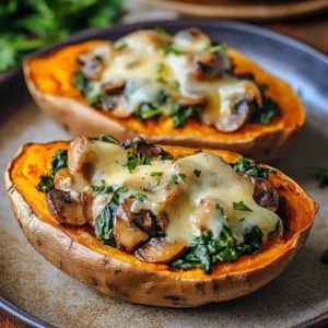 Stuffed sweet potatoes filled with mushroom and spinach, plated beautifully.