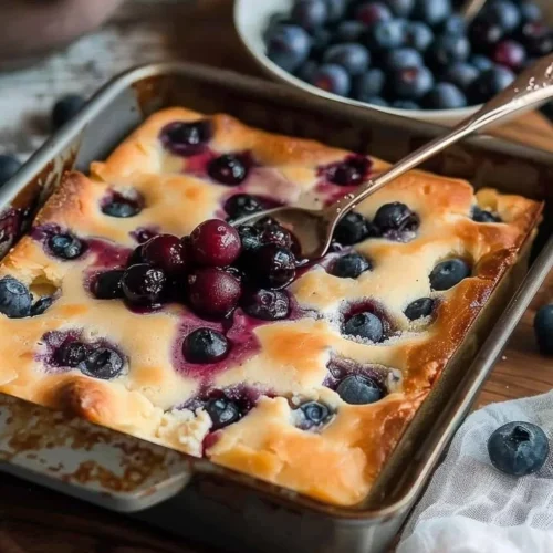 Sweet and tangy cottage cheese blueberry bake topped with fresh blueberries