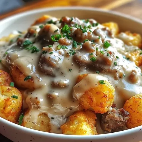 Tater Tot Breakfast Bowl topped with creamy sausage gravy and garnished with herbs