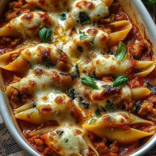 Turkey and Spinach Stuffed Shells recipe with creamy sauce and cheese topping.