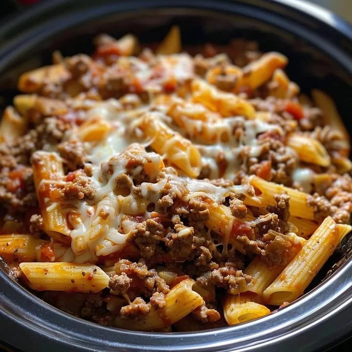 Delicious slow cooked beef served with mostaccioli pasta