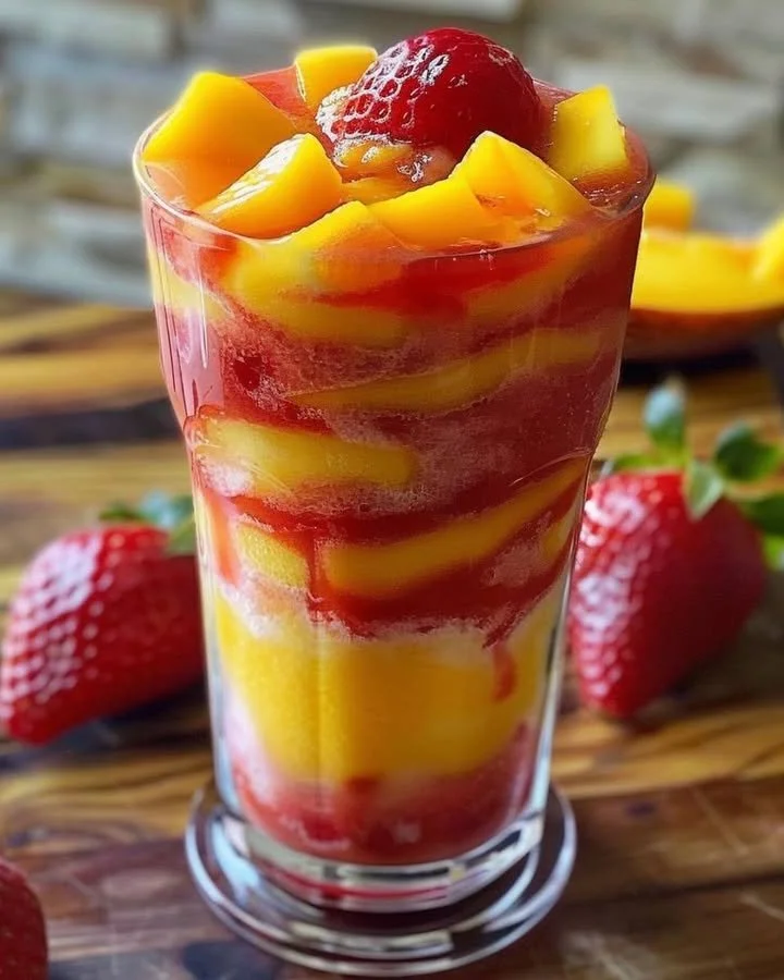 Refreshing mango strawberry slushies swirled together in a vibrant drink